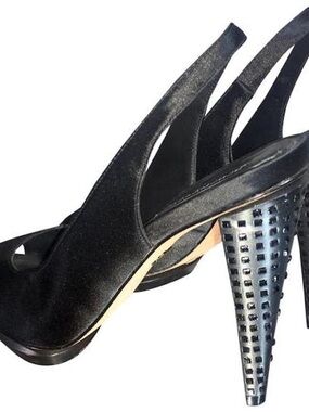BCBG Max Azria Elegant Black satin Peep-Toe Heels with gems on heel. Size 8